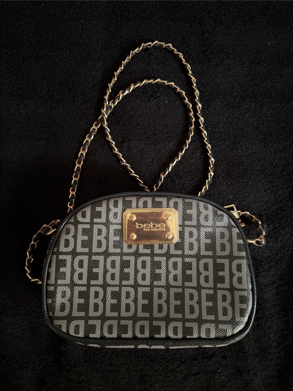 bebe Gray Monogram Crossbody with Gold Chain